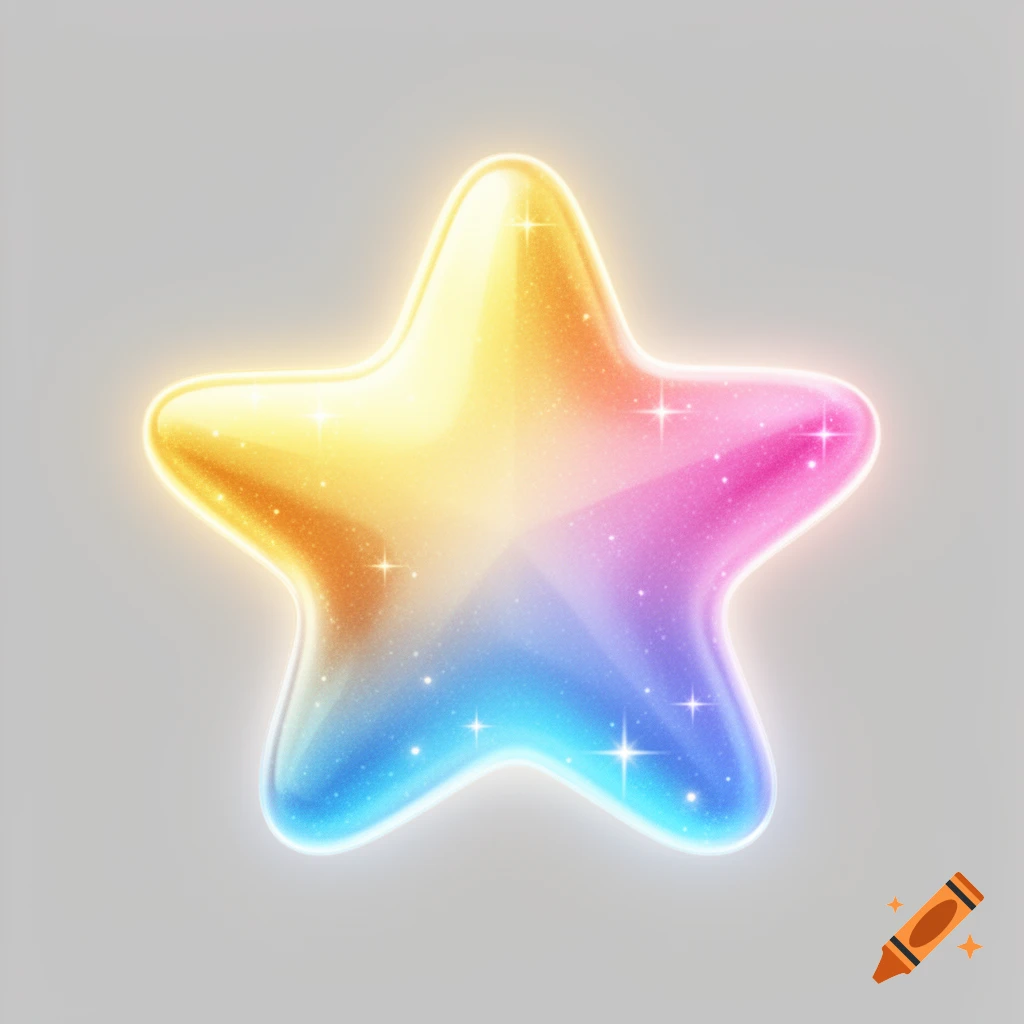 A glossy, colorful star icon with a gradient from yellow to blue, glowing with subtle sparkles on a light grey background.