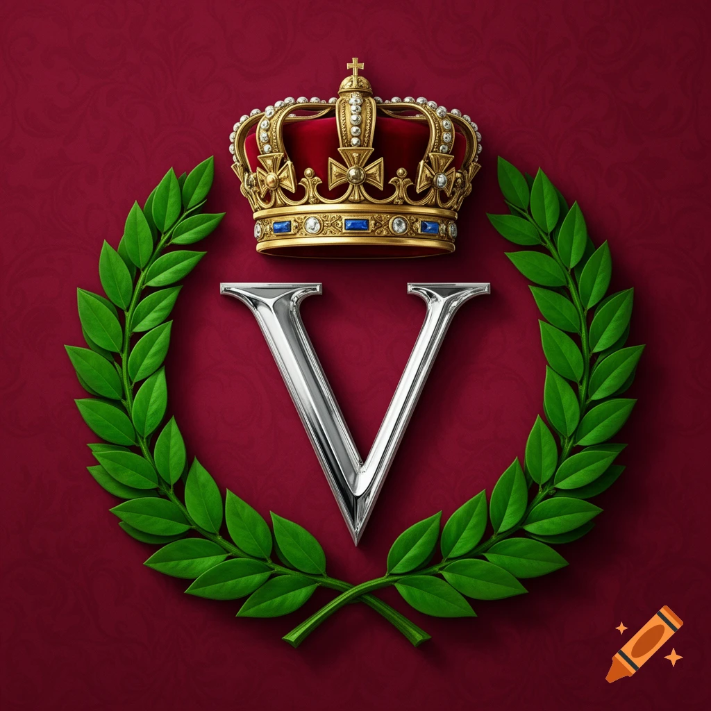 A golden crown sits above a silver letter V, encircled by a green laurel wreath on a deep red background with a subtle pattern.