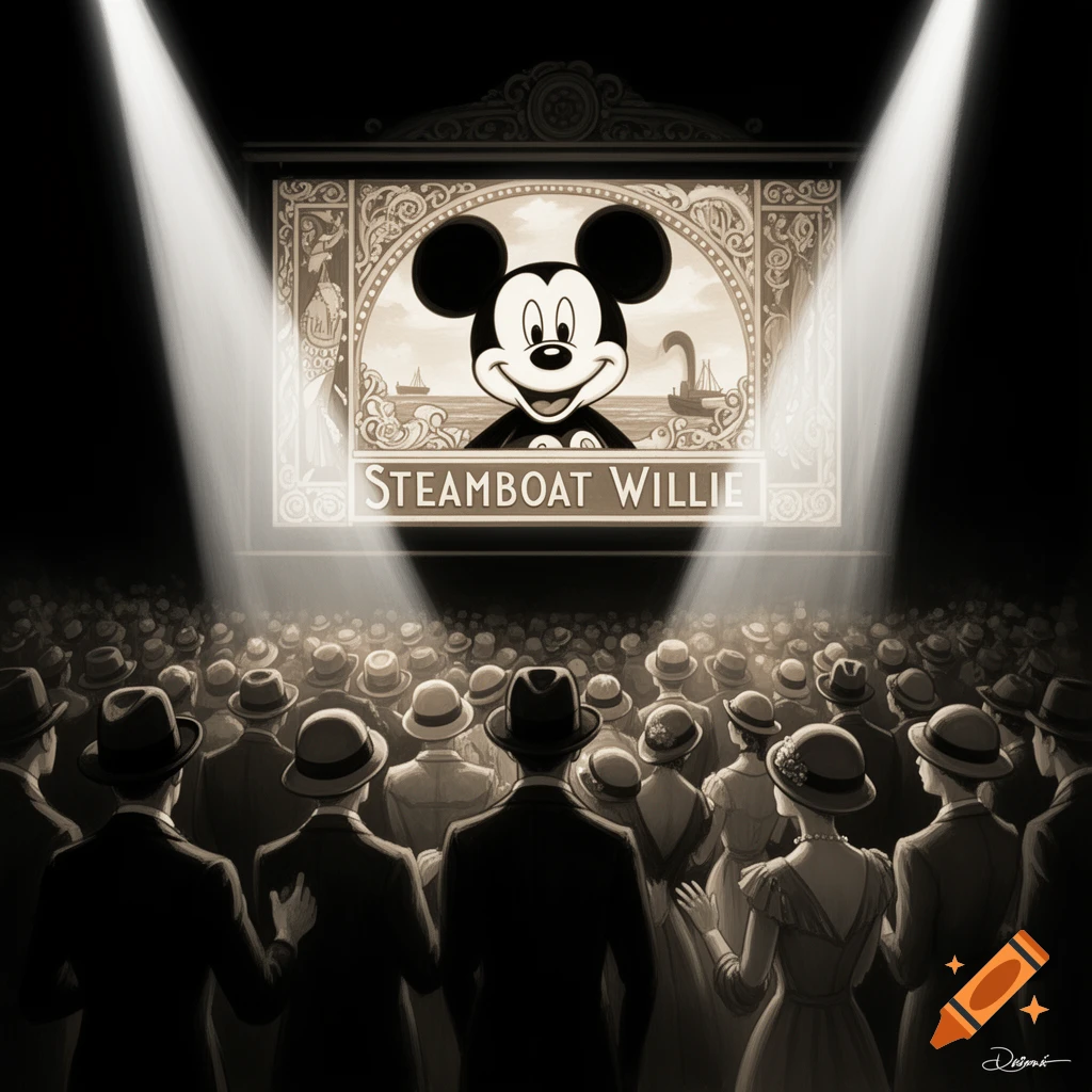 An audience in hats watches a black and white movie screen showing Mickey Mouse from Steamboat Willie, illuminated by spotlights.