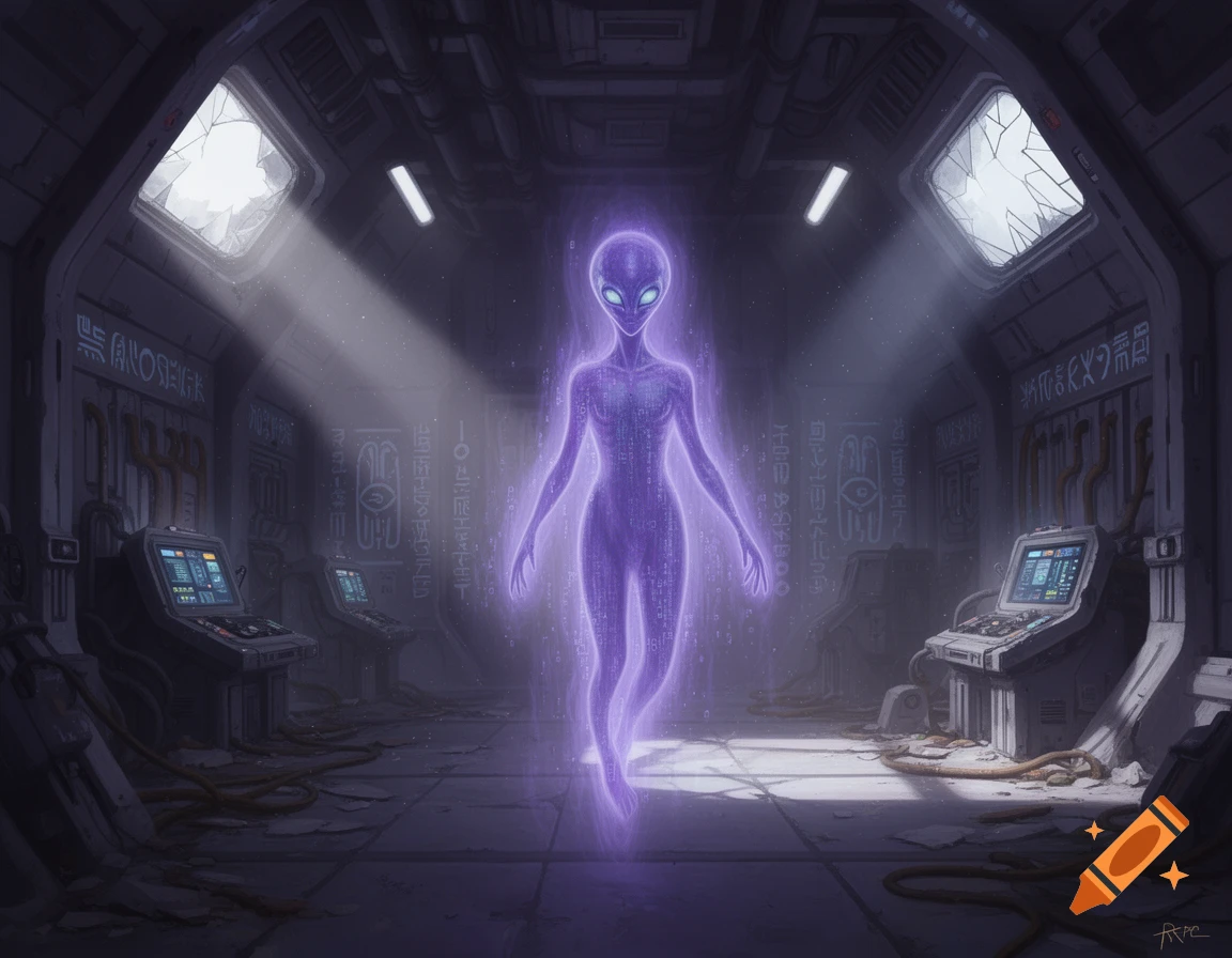 A glowing purple alien figure hovers in a dark, derelict spaceship interior with sci-fi consoles and alien glyphs on the walls.