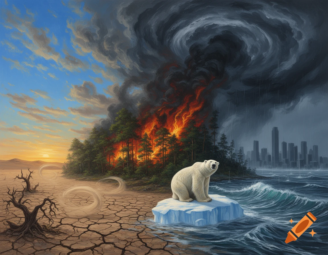 A surreal landscape illustrating climate change: cracked desert, burning forest, stormy sea with a city skyline and a polar bear on melting ice.