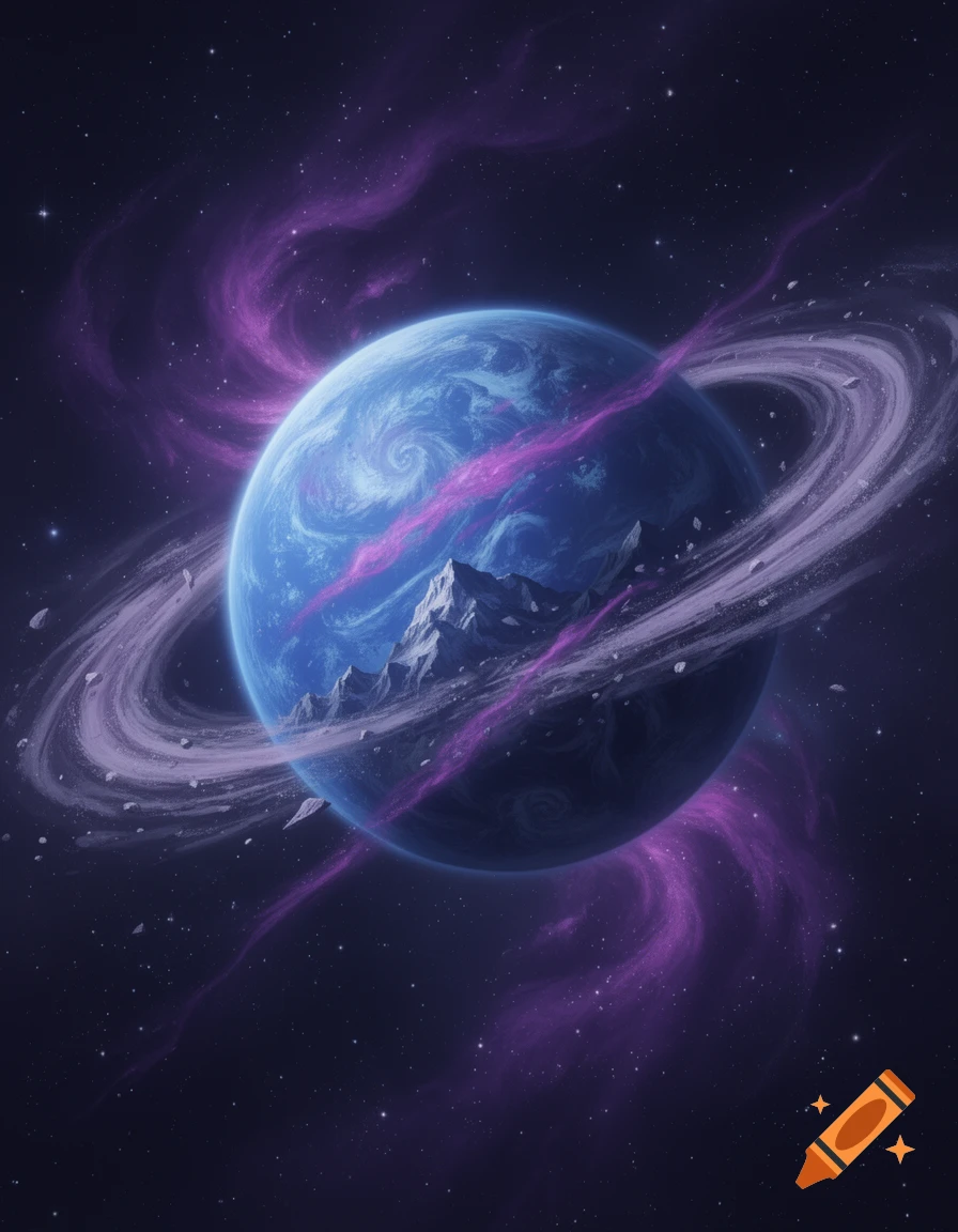 A blue planet with rings and mountains, surrounded by swirling purple nebulae and stars in deep space.