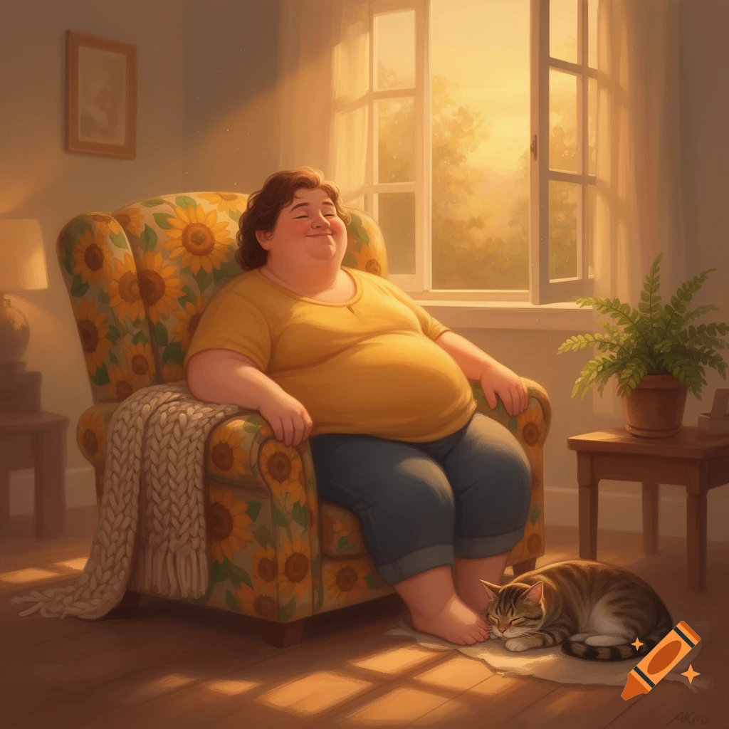 A person with a pleasant expression relaxes in a sunflower-patterned armchair, while a cat sleeps on their feet in a sunny room, illustration.