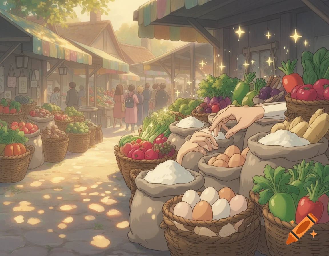Ghibli-style anime of a cozy village market with hands picking fresh ...