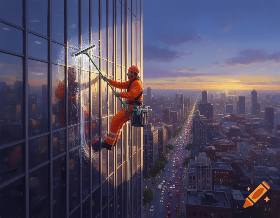 A window cleaner in orange gear squeegees a skyscraper window at sunset, overlooking a busy city street.