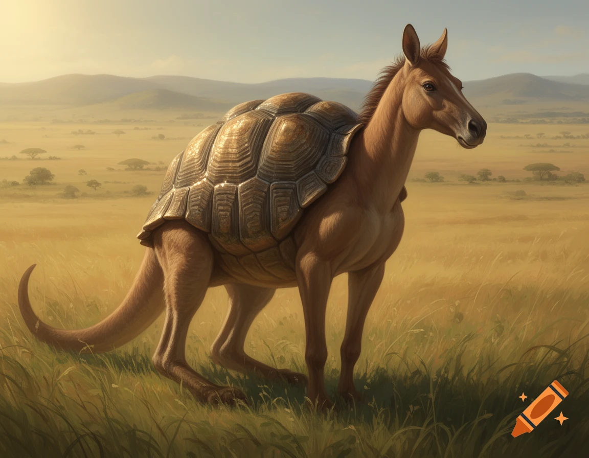 A photorealistic hybrid creature with a horse head, kangaroo body, and turtle shell stands in a sunny savanna.