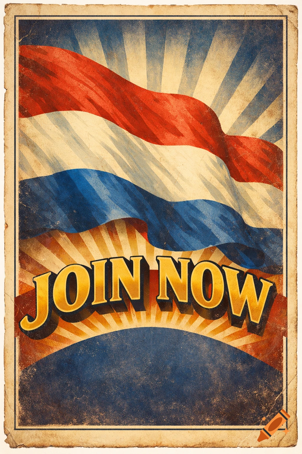 A vintage propaganda poster featuring a waving Dutch flag, a sunburst background, and the words 'JOIN NOW' in golden letters.