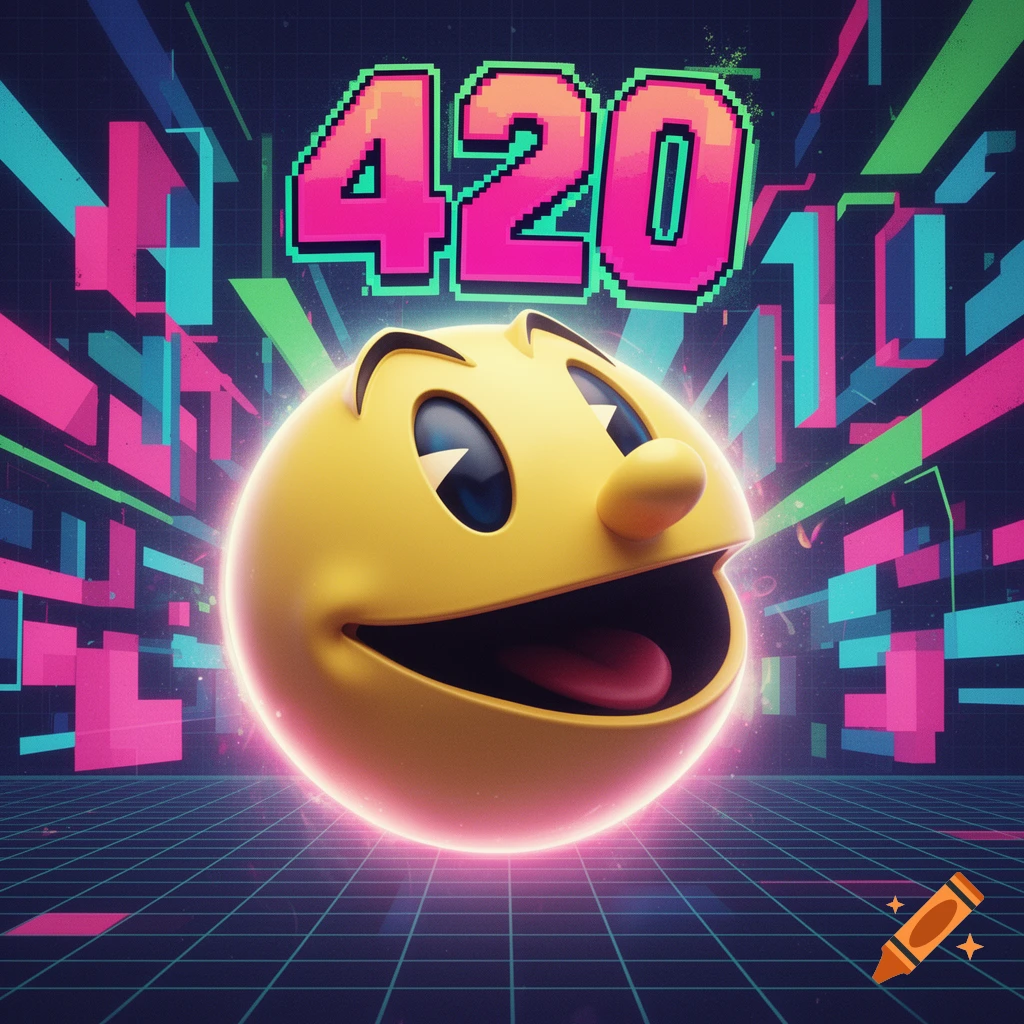 Pac-Man smiling with tongue out, floating above a grid, with large pink pixelated '420' numbers and retro geometric shapes in the background.