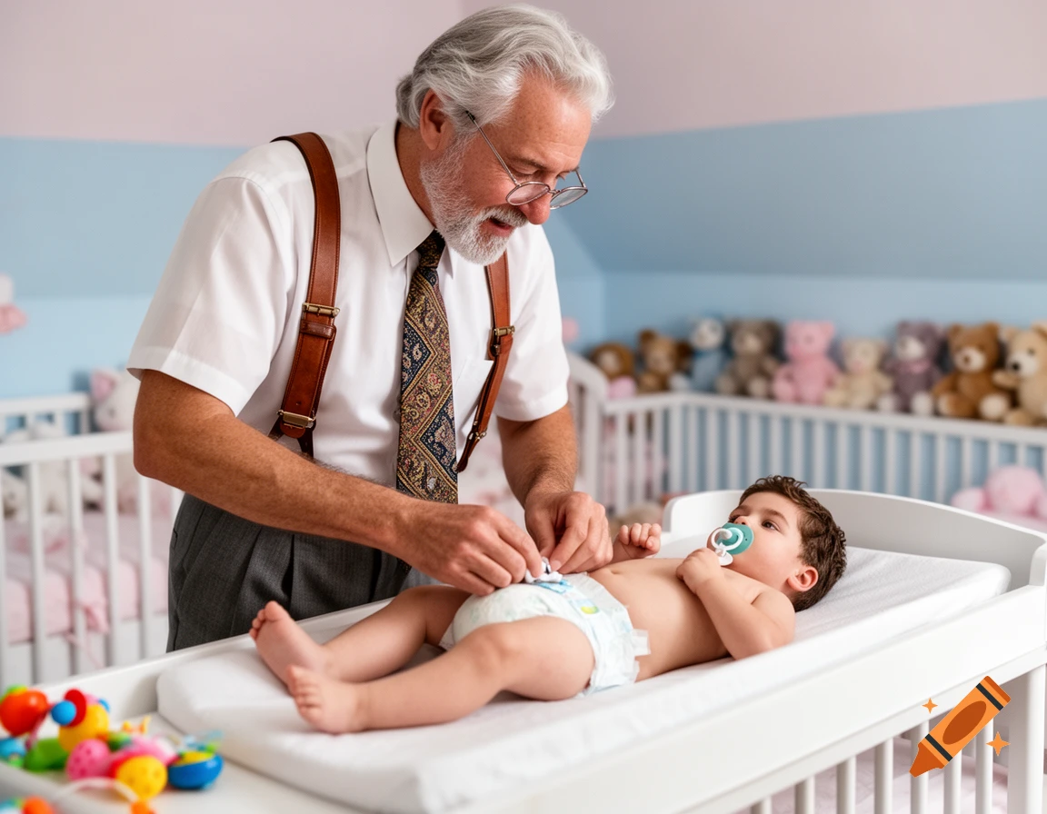 A senior man with glasses and suspenders changes a baby's diaper on a changing table in a nursery filled with cribs and teddy bears.