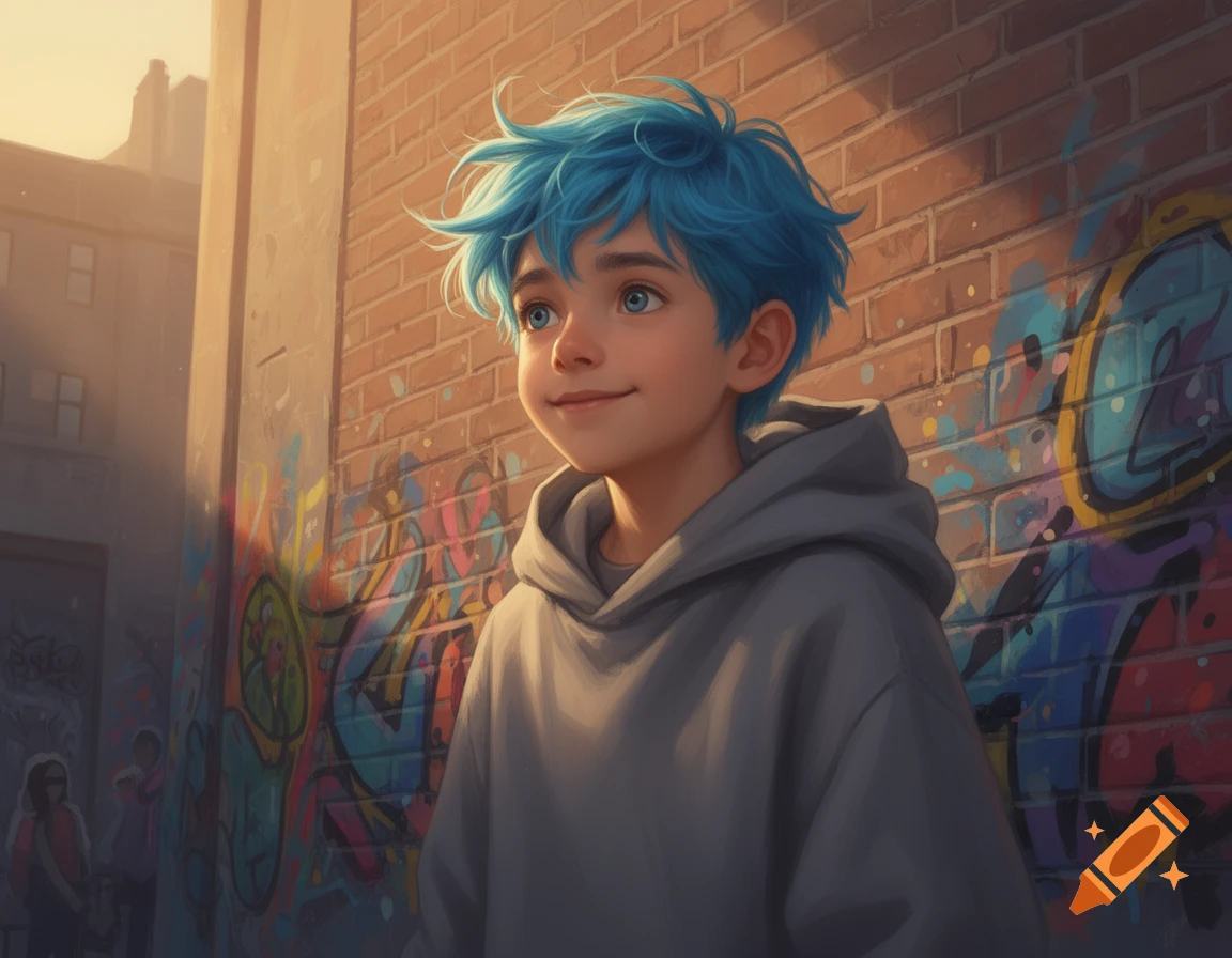 Smiling boy with bright blue hair in a grey hoodie leans on a colorful graffiti-covered brick wall. Digital art.