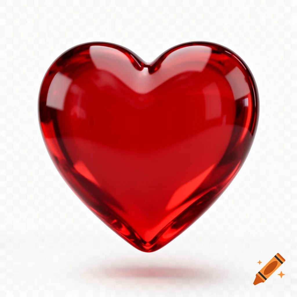 Shiny, translucent red glass heart floating, with realistic reflections and highlights on a transparent background.