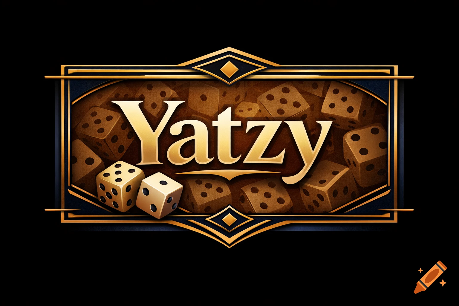 A golden logo for "Yatzy" with two white dice in front and several brown dice in the background, set within an ornate blue and gold frame.