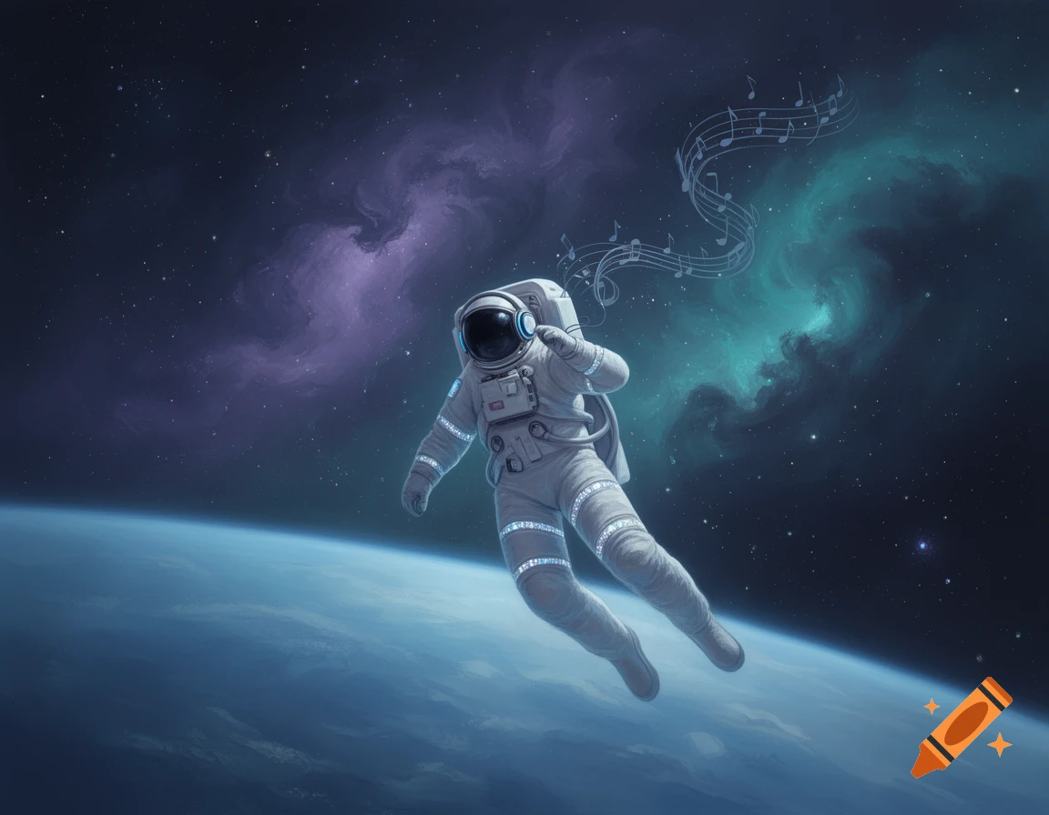 An astronaut wearing headphones floats in deep space above a planet, with musical notes streaming from their head.