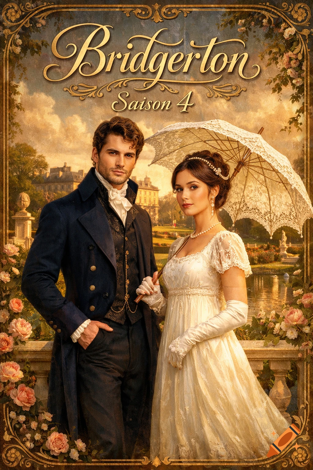 A man and woman in Regency-era formal wear stand in a garden; title 'Bridgerton Saison 4' above.