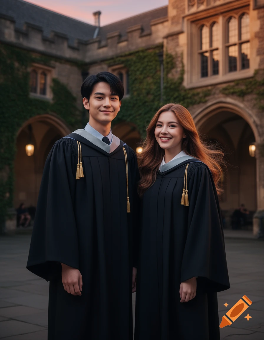 A young man and woman in black graduation robes smiling in front of an old university building at sunset, photorealistic.