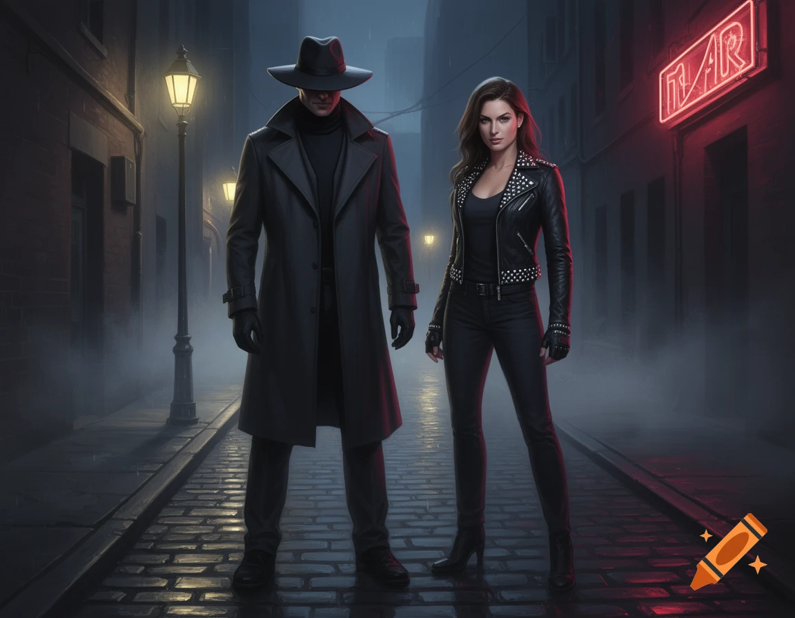 A man in a trench coat and a woman in a leather jacket stand in a foggy, dark alley with a neon sign that reads "RAR".