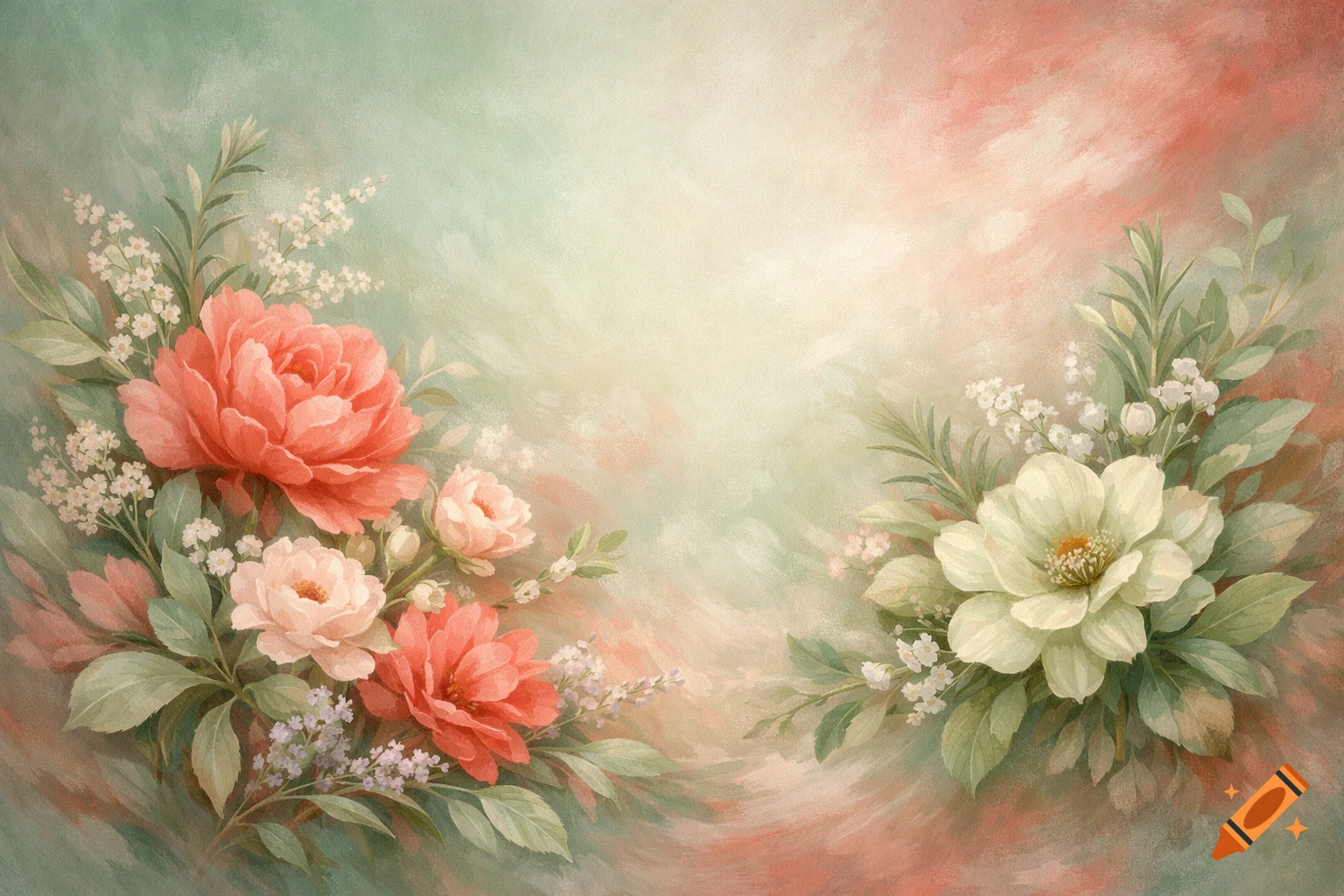 Watercolor painting of pink and white flowers and foliage on a soft green and red background, with an empty center space.