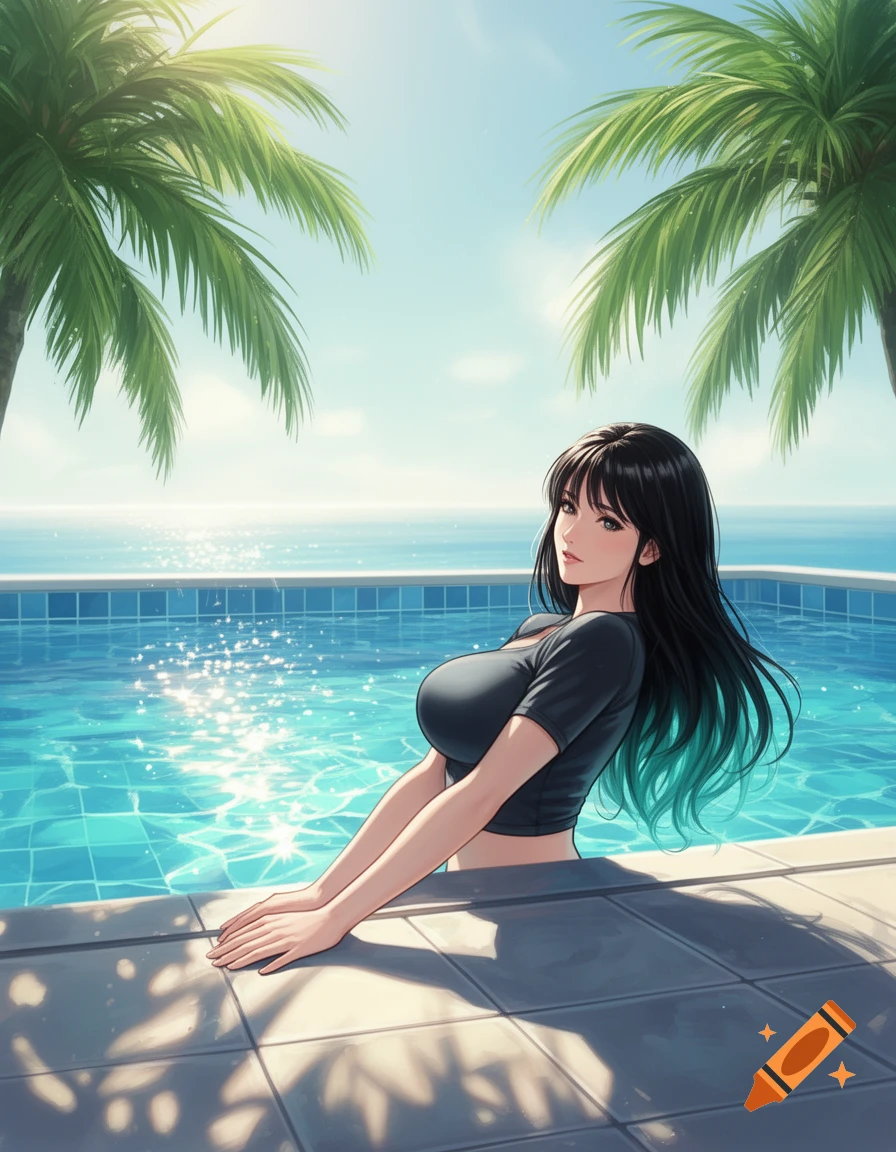 Anime woman with black hair in a black crop top by a sparkling blue swimming pool, with palm trees and ocean in the background.