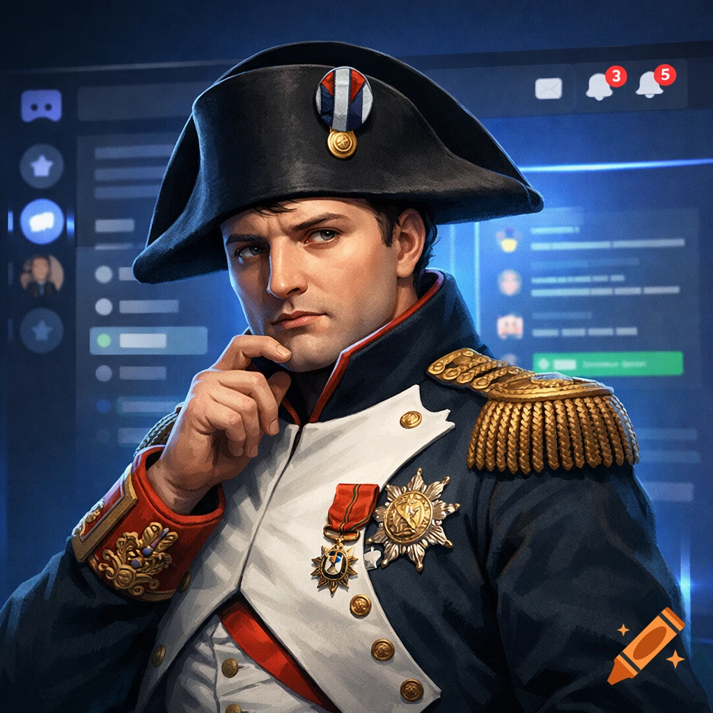 An epic digital art portrait of Napoleon Bonaparte wearing his military uniform and bicorne hat, set against a blurred modern computer interface that resembles Discord.