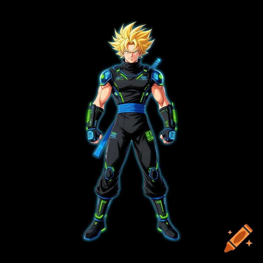 A stylized anime character with spiky blonde hair wears a black cyberpunk ninja suit with neon green and blue glowing accents.