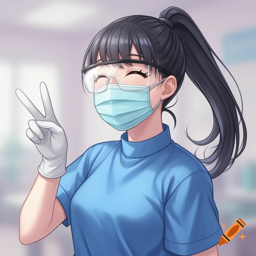 Anime girl with black hair in a ponytail, wearing a blue medical gown, mask, safety glasses, and gloves, making a peace sign.