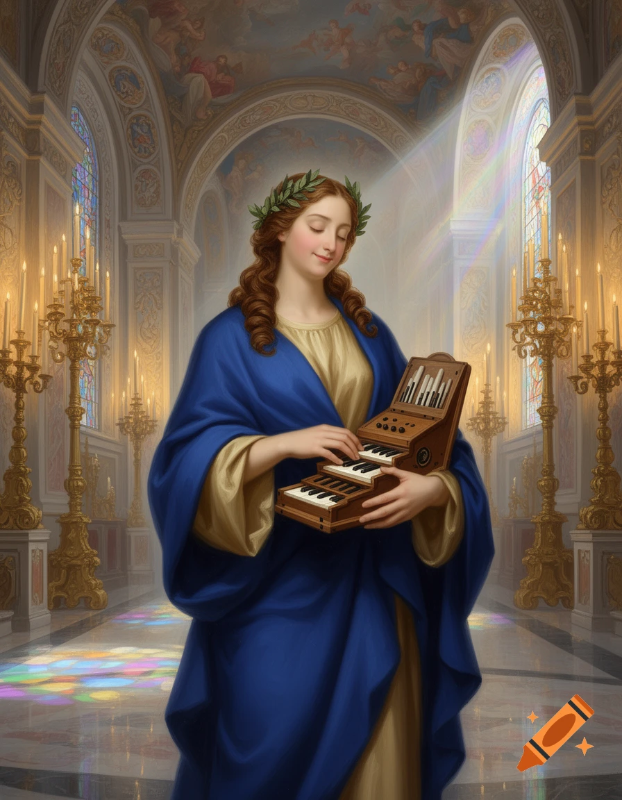 A woman with a laurel wreath plays a small organ in a sunlit classical church, with colorful light reflecting on the floor.
