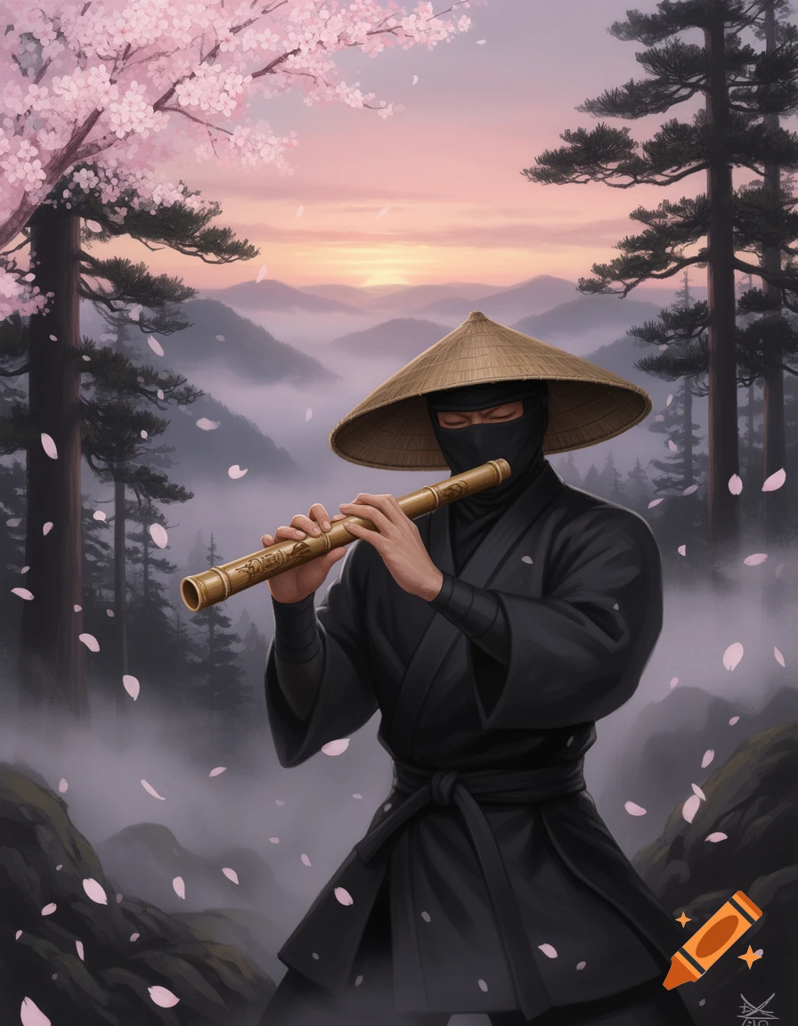 A ninja in a conical hat and black gi plays a flute under a cherry blossom tree in a misty mountain landscape at sunset.