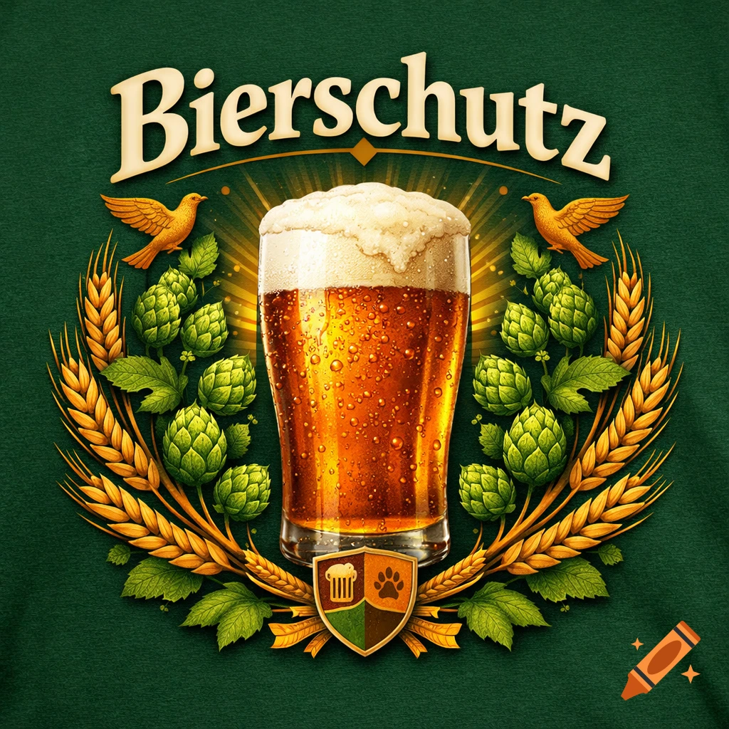 An illustration of a frothy beer glass encircled by a wreath of hops, wheat, and golden birds, with 'Bierschutz' text above.