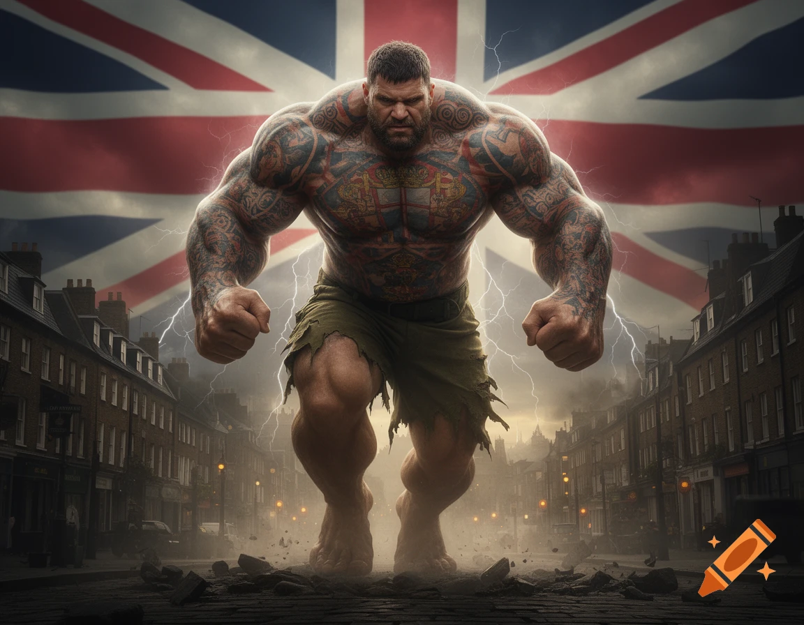 Massive tattooed hulk-like figure stands on a crumbling city street under a stormy sky with a large British flag behind him.