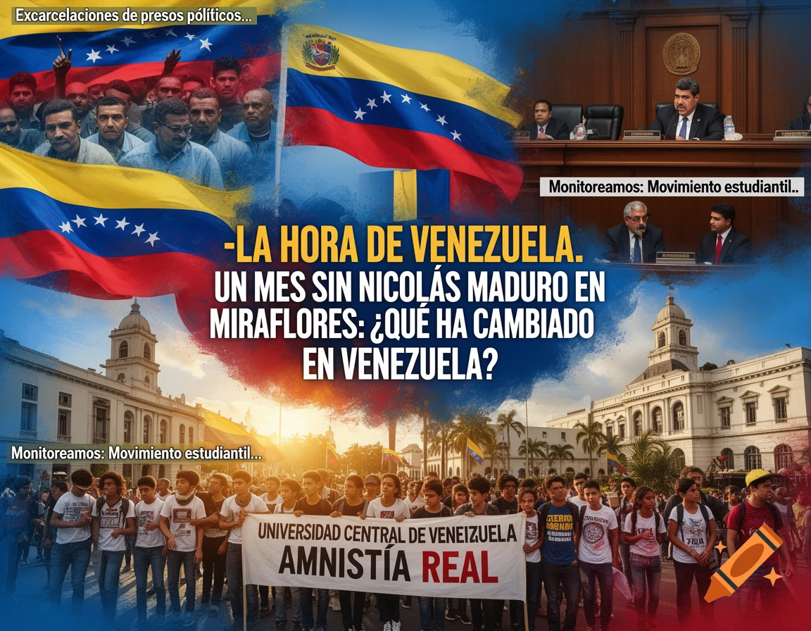 Collage depicting Venezuelan political and social themes with text. Top left shows men and a Venezuelan flag. Top right shows officials at a desk. Bottom shows a student protest with a banner and a building. Large text in the center asks, "What has changed in Venezuela?"