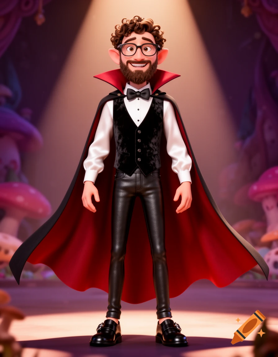 A friendly, curly-haired, bearded 3D animated man in glasses, vampire cape, vest, and leather pants stands under a spotlight.