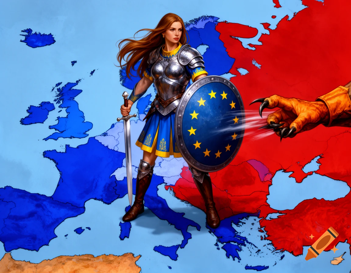 A warrior woman in armor with a sword and EU-starred shield stands on a map of Europe, defending against a monster's claw.