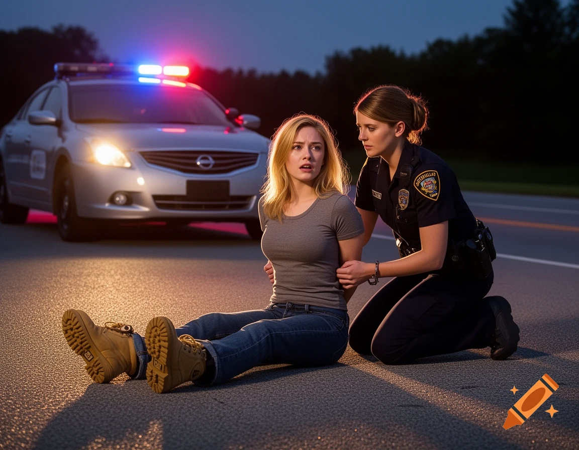 A policewoman kneels next to a woman sitting on the ground with cuffed hands, a police car with flashing lights is in the background at dusk.