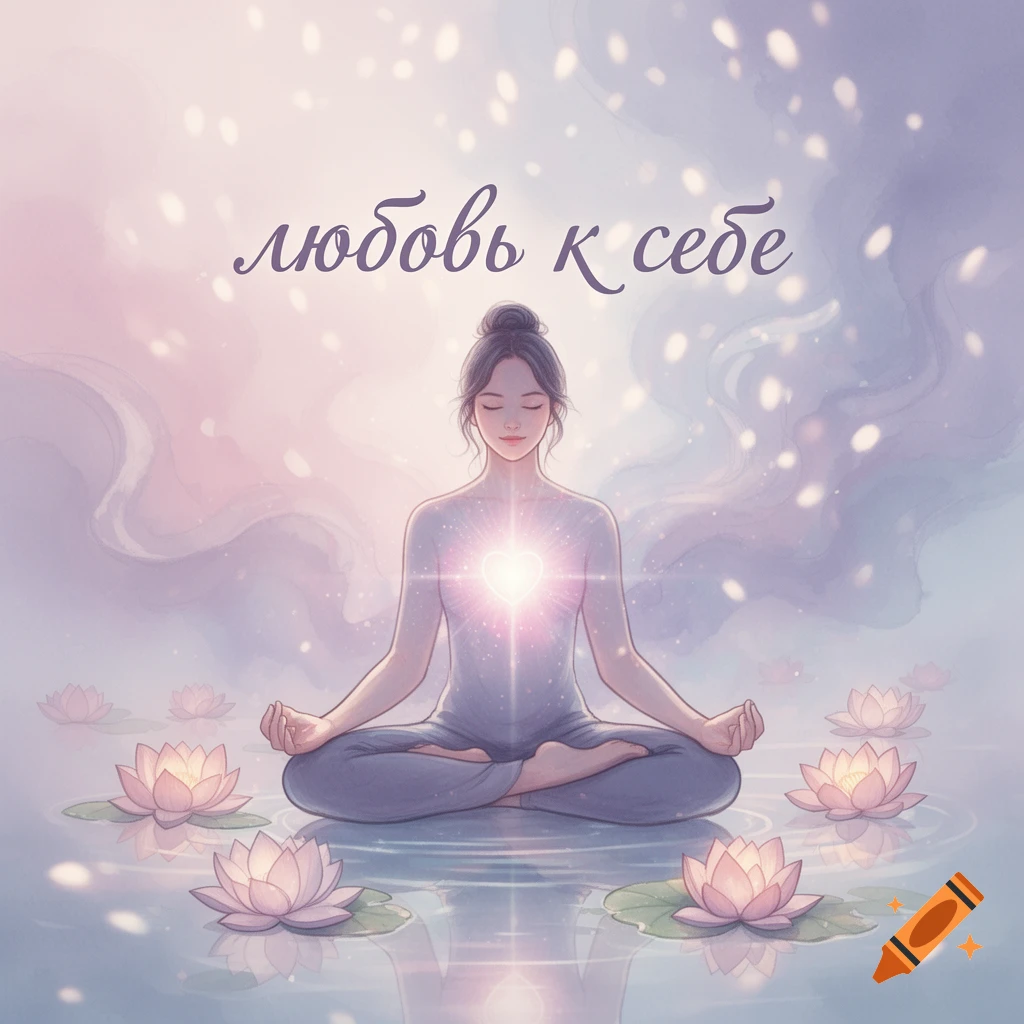 A woman meditating in lotus pose on water with pink lotus flowers, a glowing heart, and Russian text 'любовь к себе' (love for self) in a soft, ethereal art style.