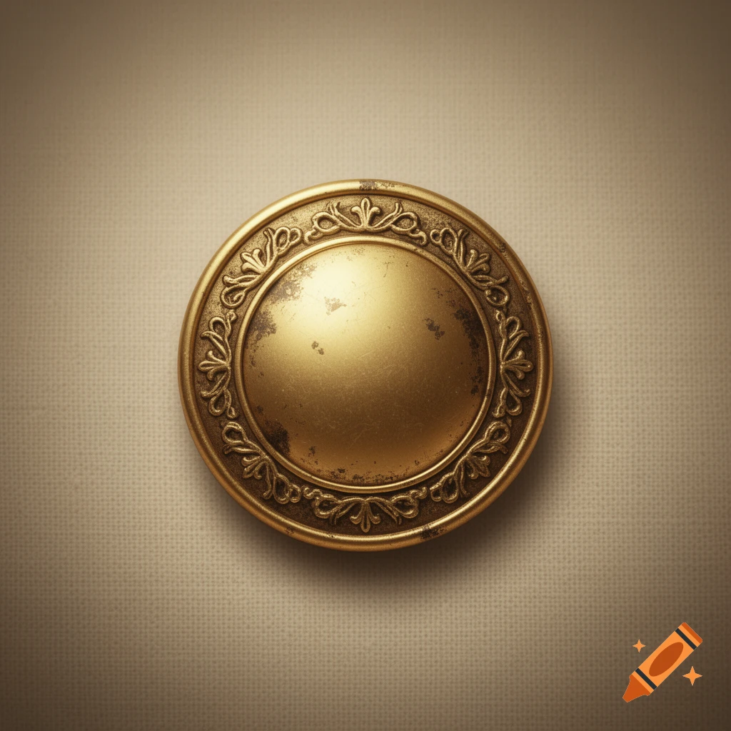 A circular, ornate golden metallic button, worn and aged, rests on a textured beige surface.
