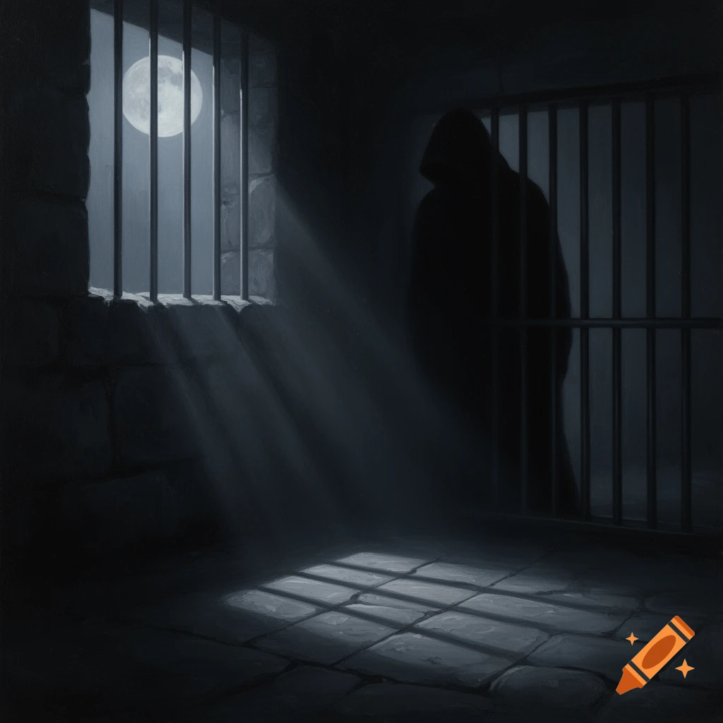 A dark, silhouetted hooded figure stands in a moonlit prison cell, with bars casting shadows on the stone floor.