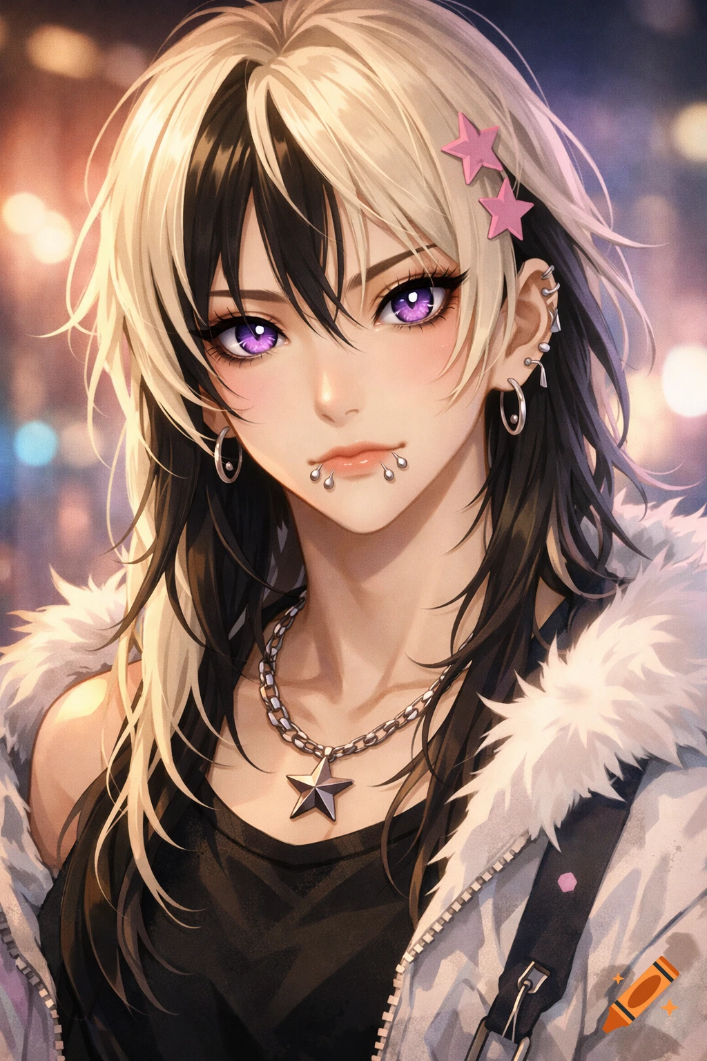 Anime-style portrait of a woman with black and blonde hair, purple star eyes, facial piercings, and a chain necklace, wearing a white fur-trimmed jacket.