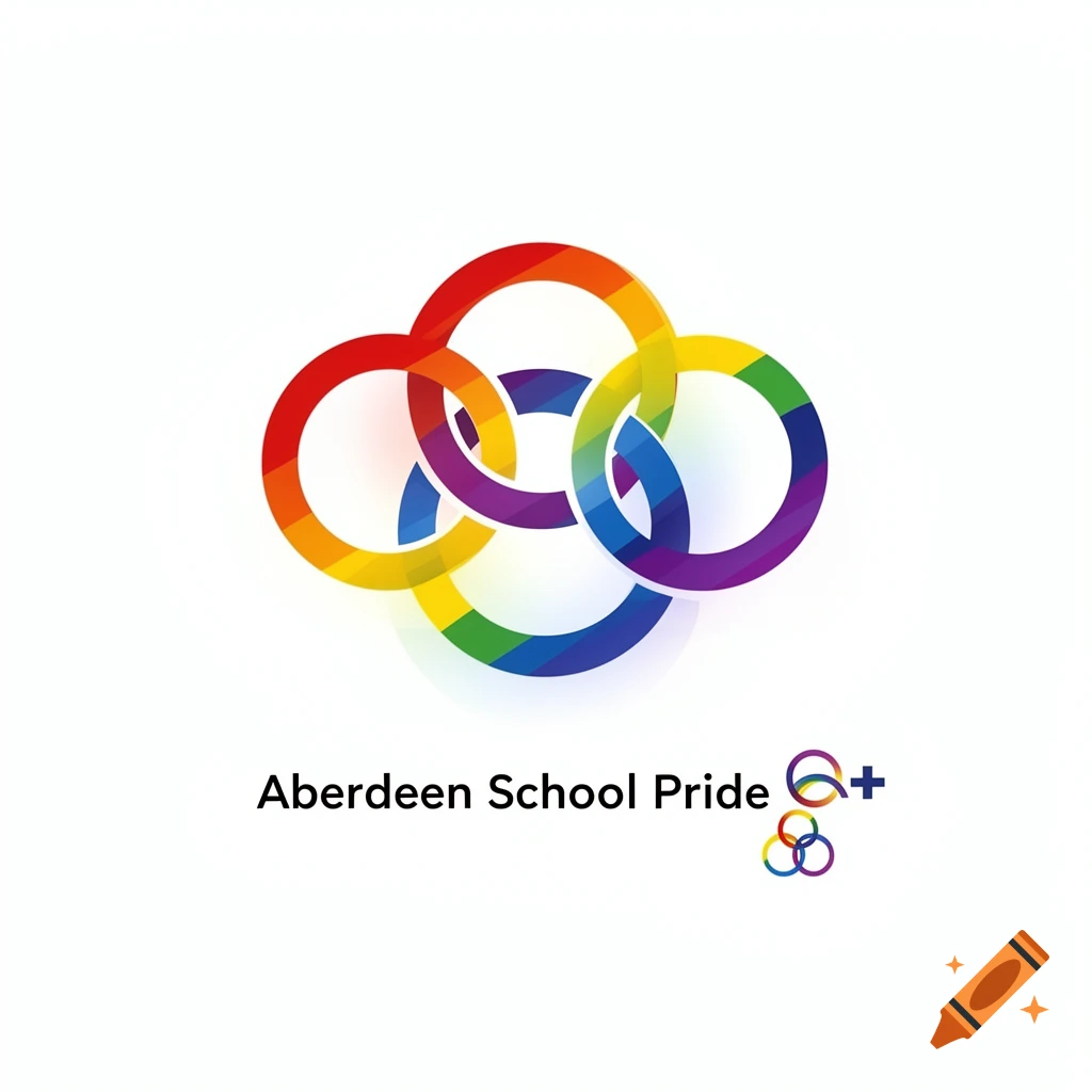 A logo for 'Aberdeen School Pride' featuring rainbow interlocking rings and a small LGBTQ+ symbol.