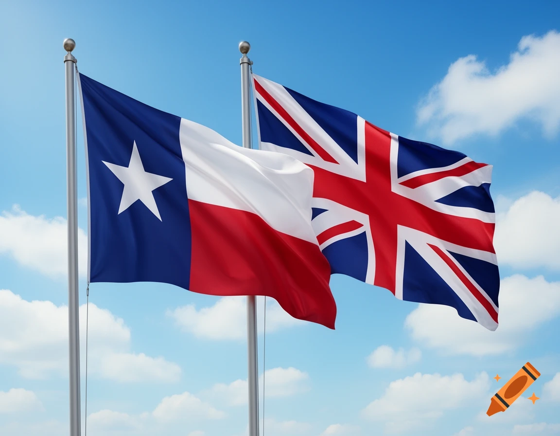 Photorealistic image of the Texas flag and the Union Jack flag flying side-by-side against a bright blue sky with white clouds.