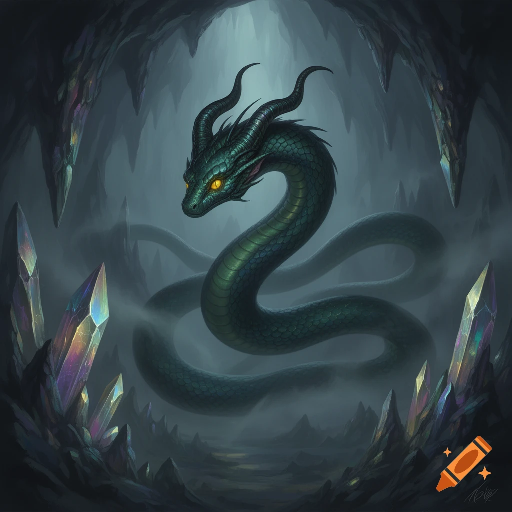 A majestic green horned serpent with glowing yellow eyes coils amidst mist and large colorful crystals in a dark fantasy cave.