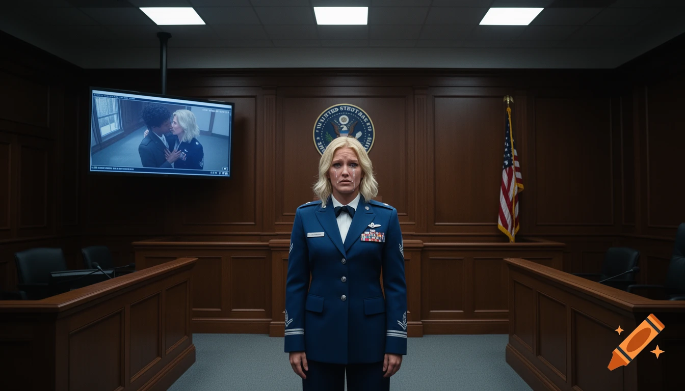 A blonde woman in a US Air Force uniform cries in a wood-paneled courtroom, a screen shows her kissing another woman.