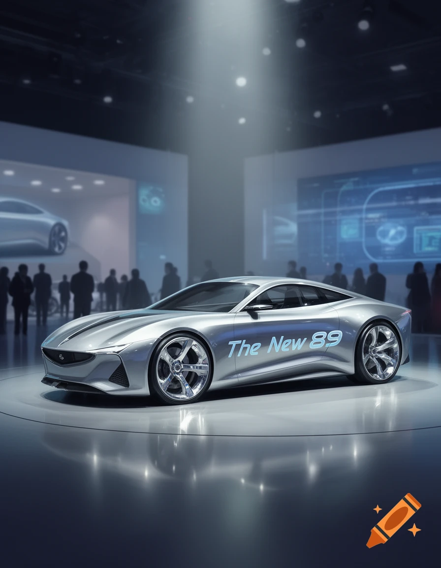 A sleek silver concept car with "The New 89" written on its side, illuminated by a spotlight at a car exhibition.