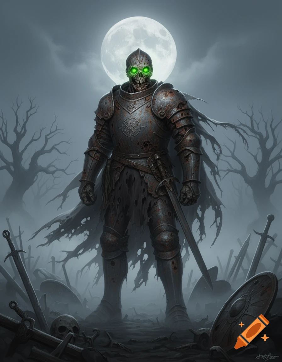 A zombie knight in rusty armor with glowing green eyes stands under a full moon in a foggy, sword-strewn battlefield with skulls.
