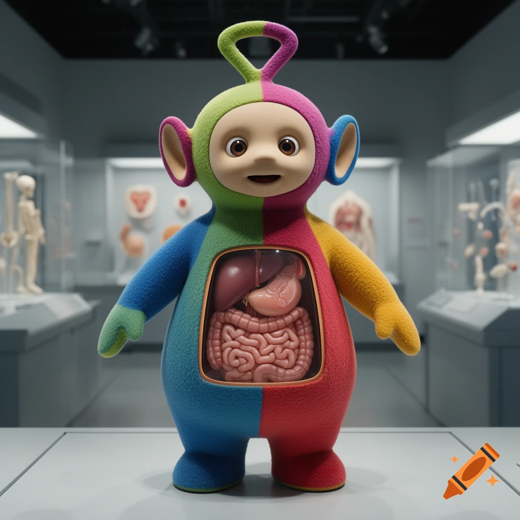 A colorful, fuzzy Teletubby-like character stands in a museum, revealing realistic internal human organs in its open abdomen.