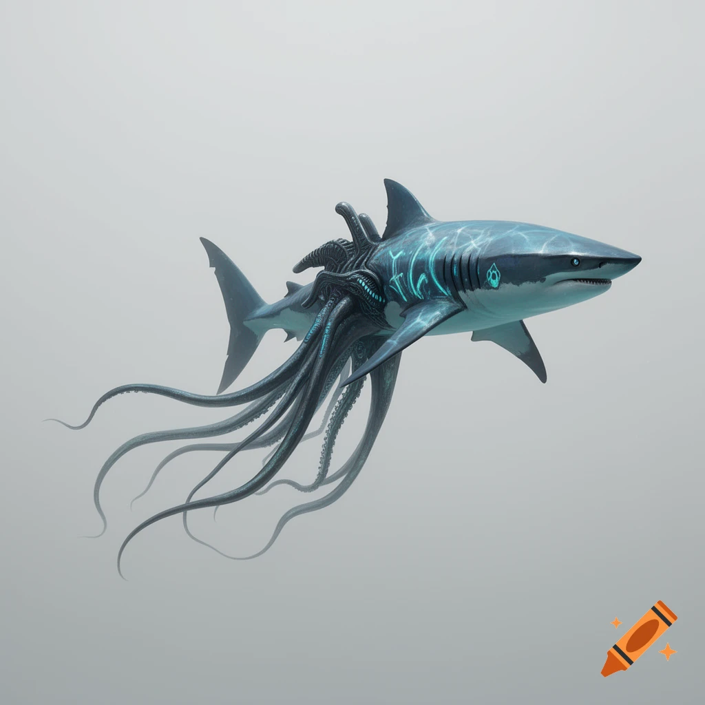 A blue shark-like creature with xenomorphic features and squid tentacles replacing its tail, swimming in a misty grey background.