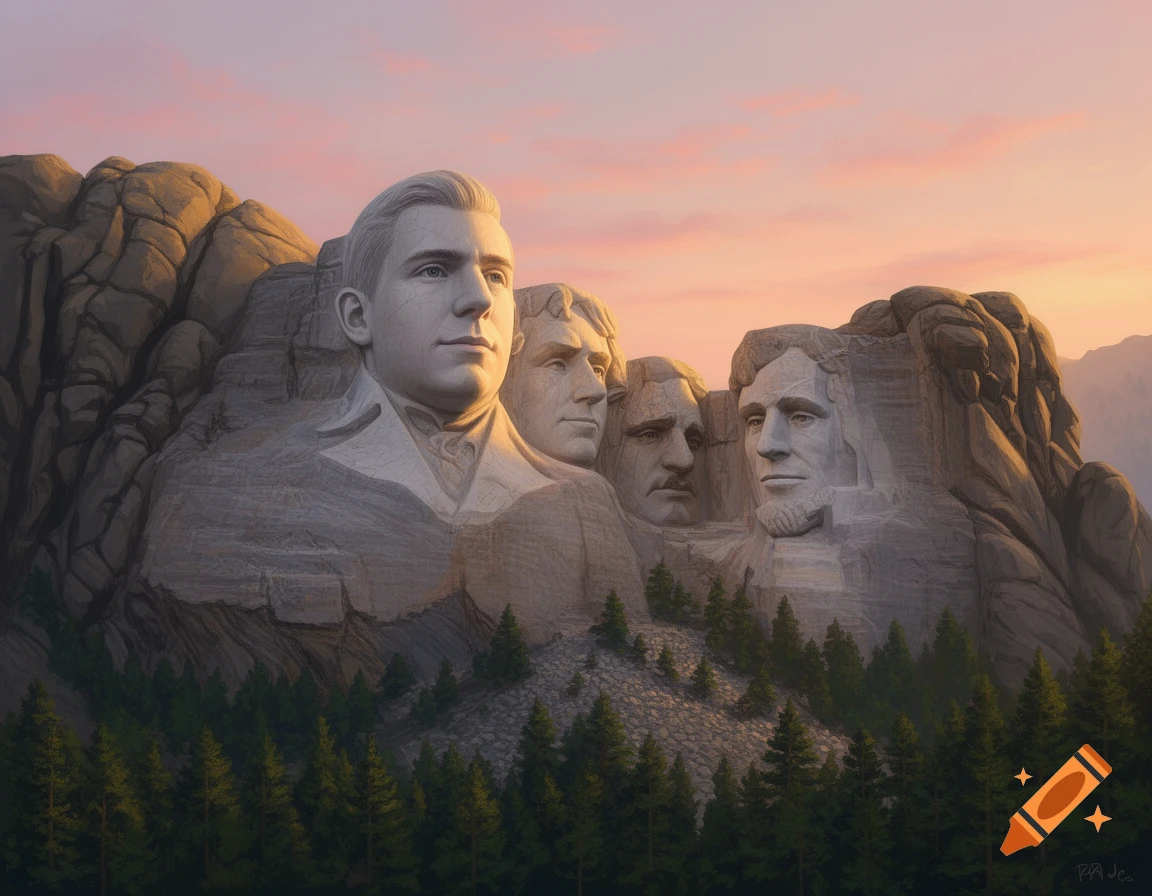 Mount Rushmore features MrBeast's carved bust replacing one president, set against a pink and orange sunset.