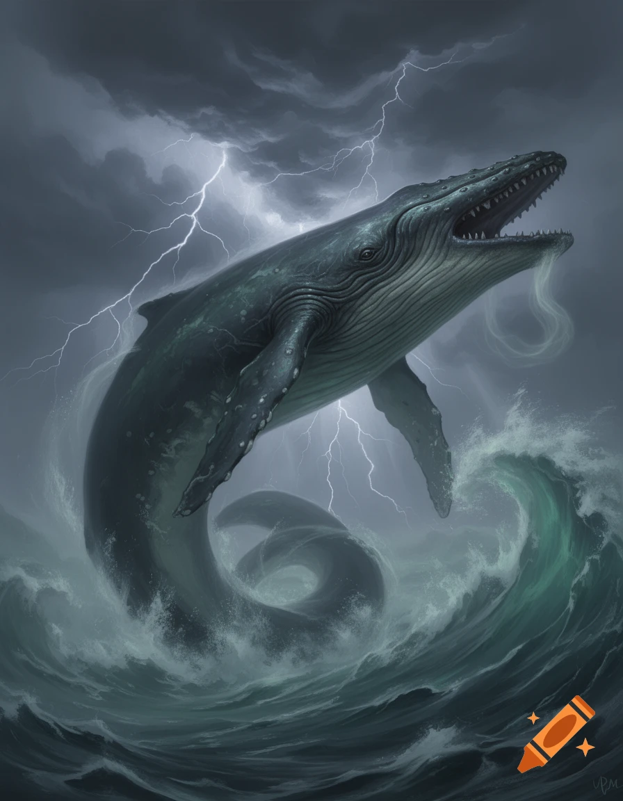 A colossal dark blue whale monster with sharp teeth breaches from tumultuous stormy waves as lightning strikes in the dark sky, fantasy art.