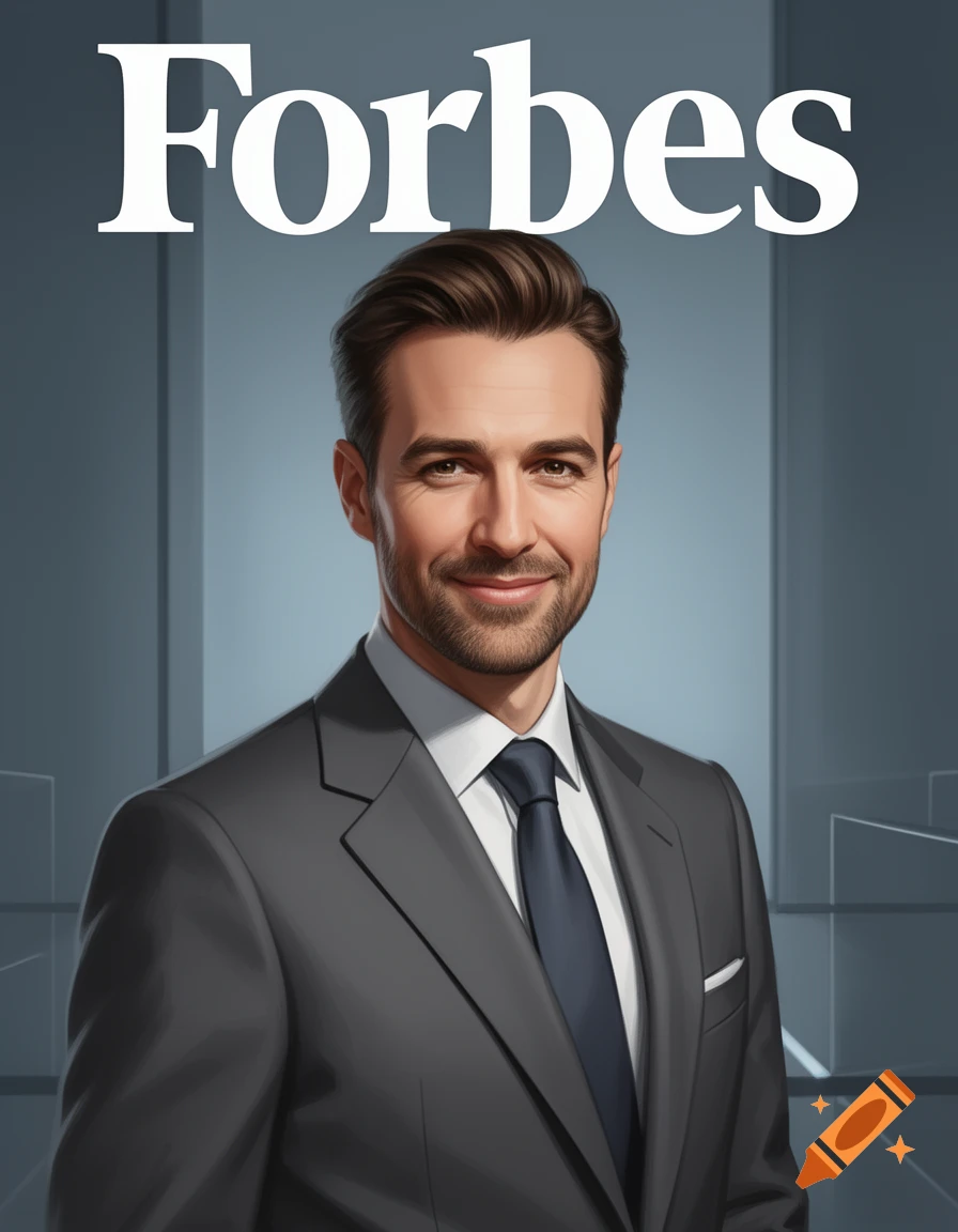 A smiling man in a suit on a Forbes magazine cover, depicted in a stylized, illustrative portrait.