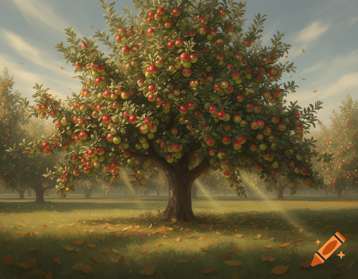 A vibrant apple tree laden with red and green apples stands in a sunlit orchard, with golden leaves scattered on the grass.