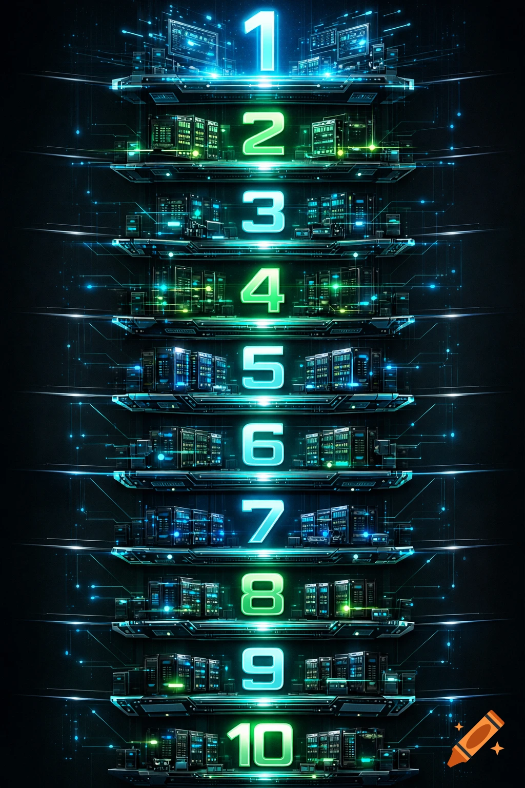 Futuristic datacenter tier list glowing with numbers 1 through 10, rendered in a digital, circuit-like style.